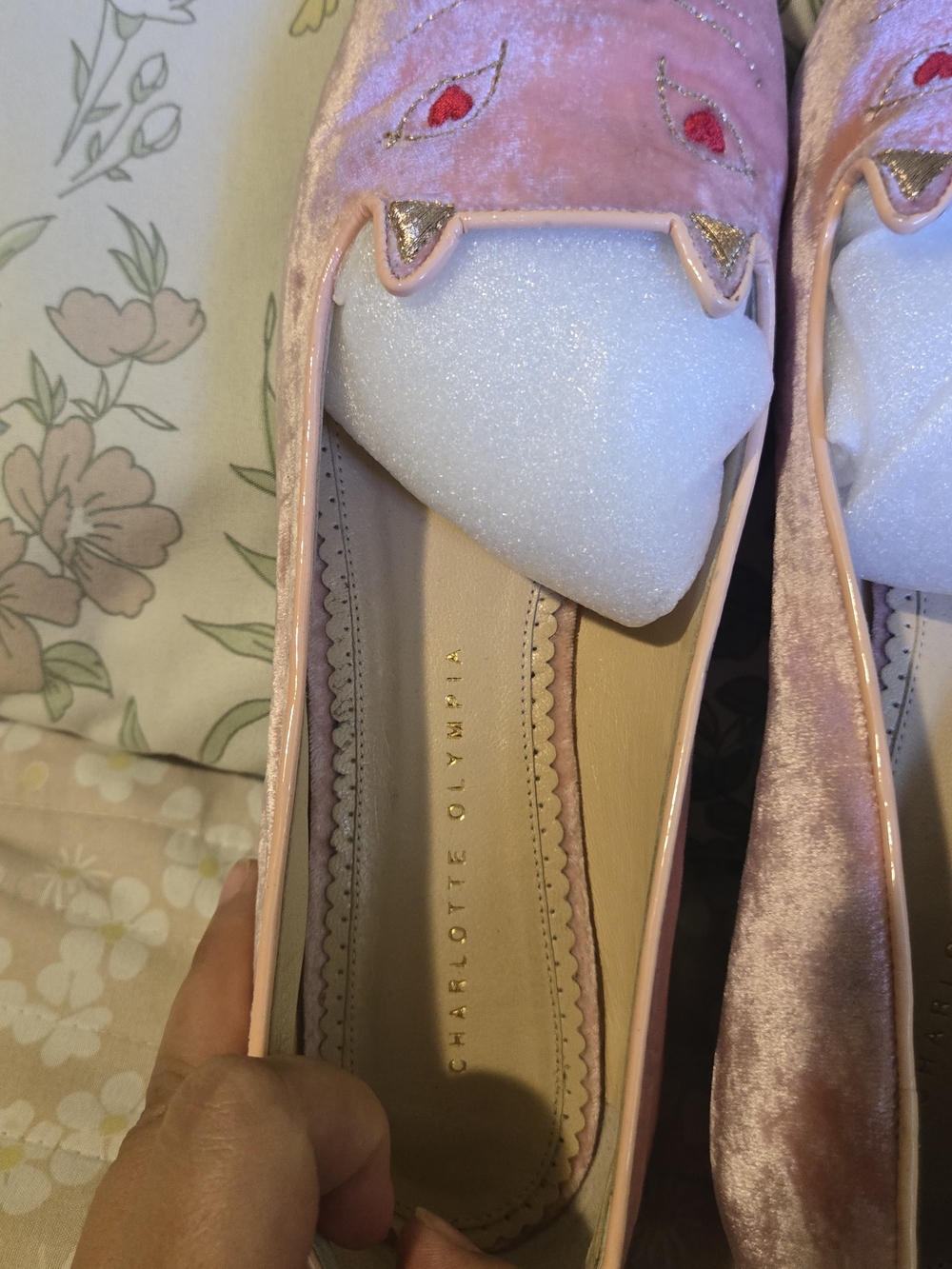 Charlotte Olympia Pink Velvet Kitty Flats